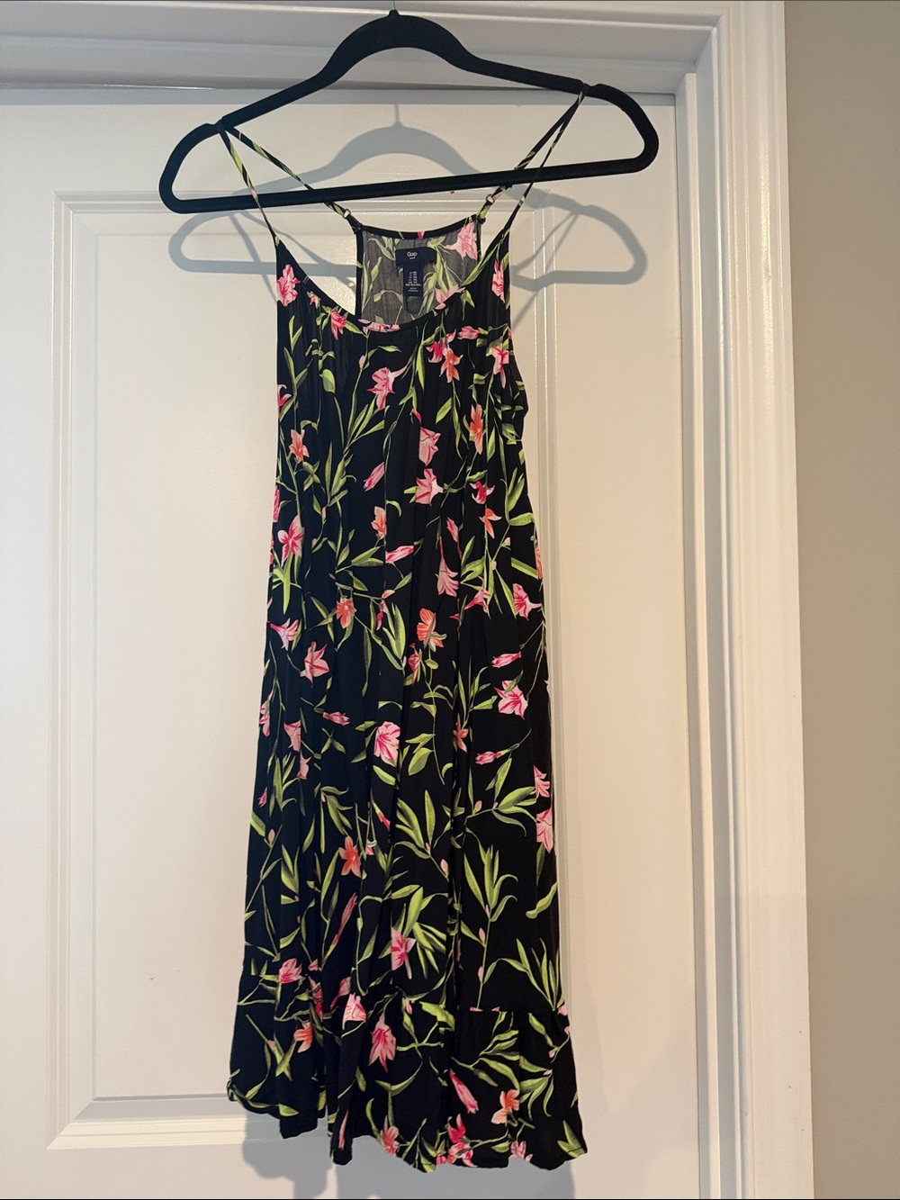 GAP Black Floral Spaghetti-Strap Dress with Pink & Green Print